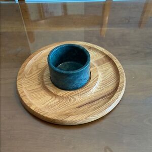 Wooden Serving Tray with Stone Bowl. Vintage.